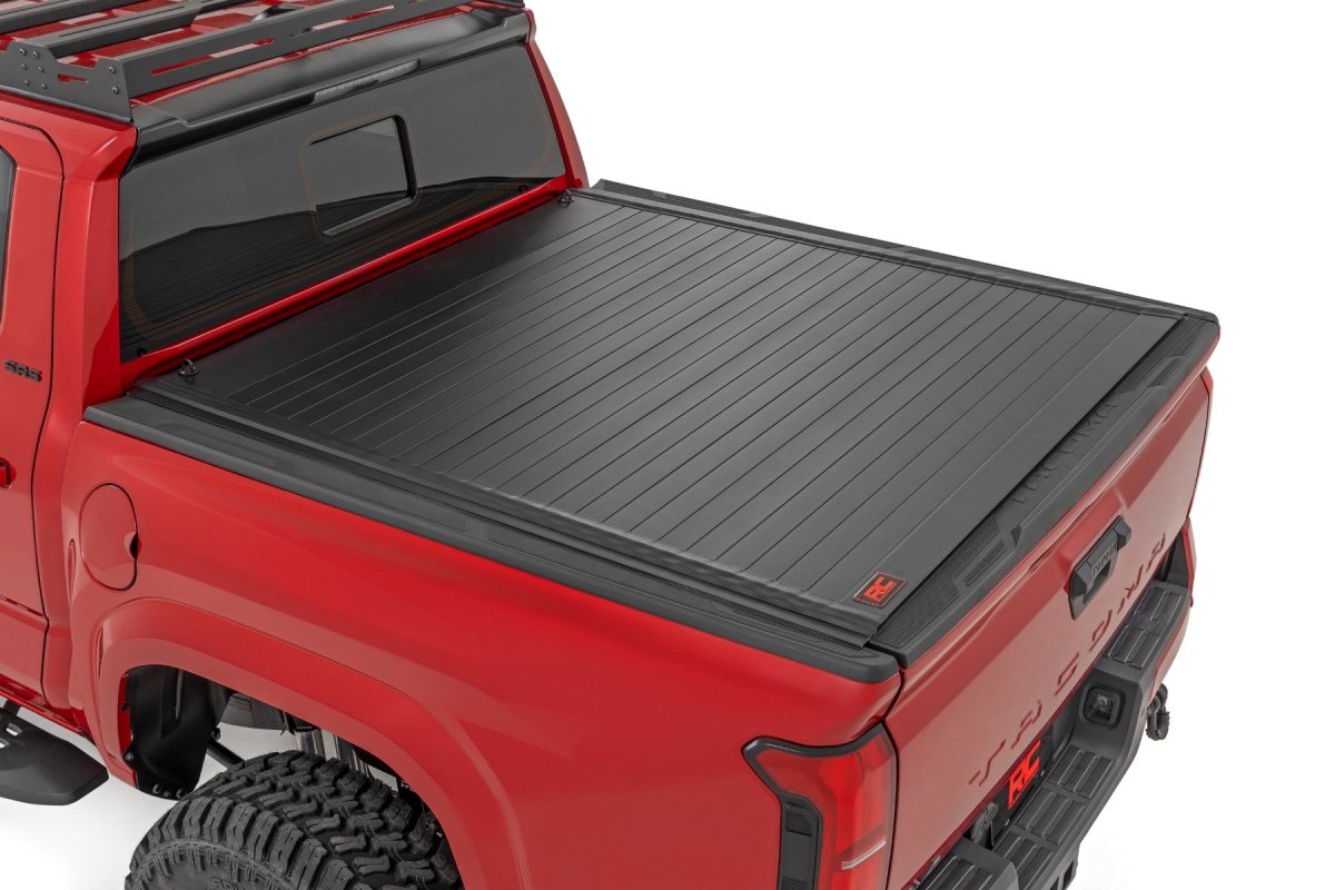 Toyota Tacoma Hard Roll Up Bed Cover - Rough Country - Black Powder-Coated Aluminum Frame - Matte Black - '24-'25